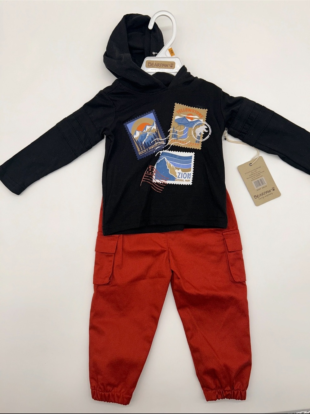BearPaw Boys 12M Black Hoodie with Red Cargo Jogger Set